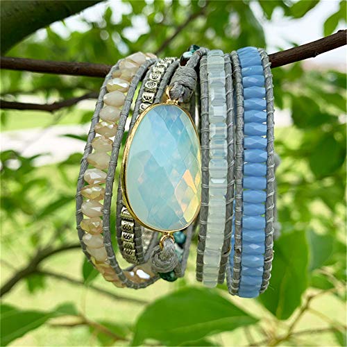 YGLINE Women Boho Handmade Natural Stone Crystal Leather Bead Wrap Bracelets Collection - color: Opal-5w