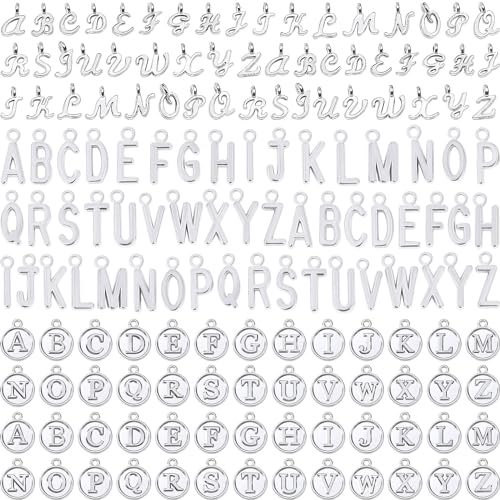 SANNIX 156Pcs/6 Sets Letter Charms, Alphabet ABC Letter Charms 3 Styles Capital A-Z DIY Bracelet Necklace Pendants with 200Pcs Open Jump Rings for Jewelry Making, Antique Silver - color: Silver