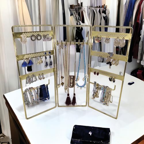 Jewelry Holder, Jewelry Organizer, folding 3 piece Jewelry Display Stand with Metal Frame, Necklace Earring Bracelet Holder, for Studs, Rings, Gift Idea, Gold, Silver, Black Color (GOLD) - color: GOLD