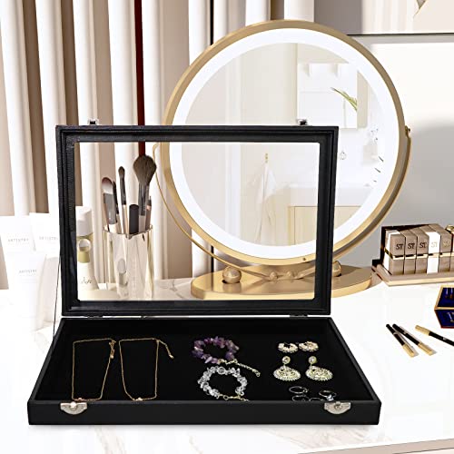 Wudygirl Jewelry Organizer Velvet Jewelry Tray Showcase Display Case Storage Necklace Bracelet Ring Earring Organizer Box Stackable Clear Lid Lock(Multi Jewelry Box) - style: Empty Tray