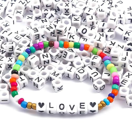 Acrylic Letter Beads 4mm Flat Round, 6mm Square - Beads for Making Friendship Bracelet or Necklace (Square White Plus Black) - color: Square White Plus Black