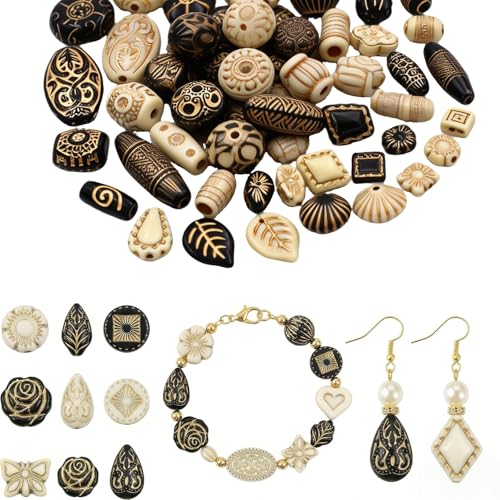 120-160Pcs Cute Assorted Kawaii Aesthetic Beads 100G Vintage Bohemian Acrylic Bead in Bulk Round Oval Butterfly Flower Heart Czech Style Beads Jewelry Making Metal Enlaced Charm DIY Craft（Black White） - style: Black White