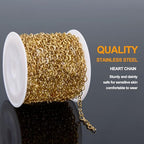 KYUNHOO 16.4 Feet Hollow Heart Chain Links on Roll Gold Plated Stainless Steel Chains Bulk for Jewelry Making with Lobster Clasps Jump Rings Jewelry Connectors - color: Heart Gold
