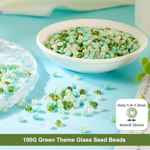 Pandahall 100 Gram 6/0 Round Seed Beads - 4mm Tiny Glass Seed Beads in Green & White, Perfect for Jewelry Making - color: Green Theme, size: 6/0