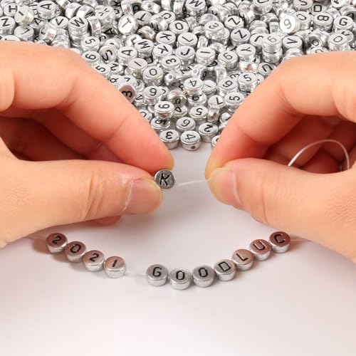 1000pcs Silver Mixed Round Acrylic Letter Beads 4x7mm Black Alphabet Number Beads for Jewelry Making and DIY Bracelets - color: Silver/Black Letter&Number, size: 4x7mm