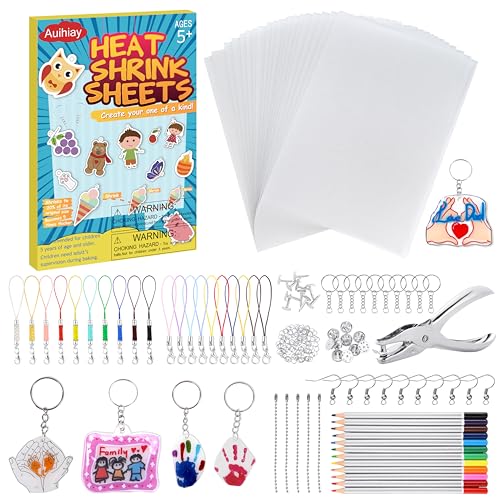 Auihiay 198 Pieces Shrink Plastic Kit Includes 20 Sheets Shrink Papers, Hole Punch, Keychain Accessories and Pencils for Shrinky Art and DIY Keychain Making Easter Mother Day Ornament - size: 198PCS