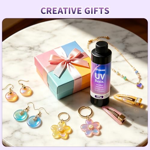 SHORE RESIN UV Resin Kit with Light, 250g Crystal Clear Fast-Curing Jewelry Set with Molds, Glitter, Dried Flowers & Tools for Earrings, Keychains & DIY Crafts - size: 250g