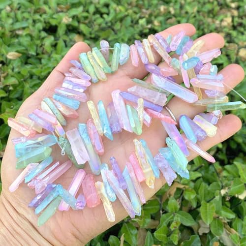 Adabele 30 Inch Natural Raw Healing Crystal Quartz Gemstone Loose Beads Small Drilled Point Chakra Rainbow AB Titanium Coated Chakra Gem Stone Drop Stick GA6 - color: Chakras Rainbow Ab, size: Small Size (30 Inch/2 Strands)
