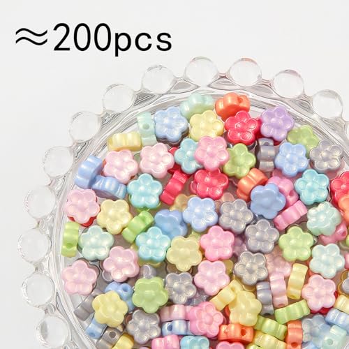 200pcs Acrylic Beads Colorful Flower Beads Colorful Cute Plum Blossom Beads for Necklace Bracelet Key Chains Jewelry DIY Craft Making(Flower) - color: pink&blue