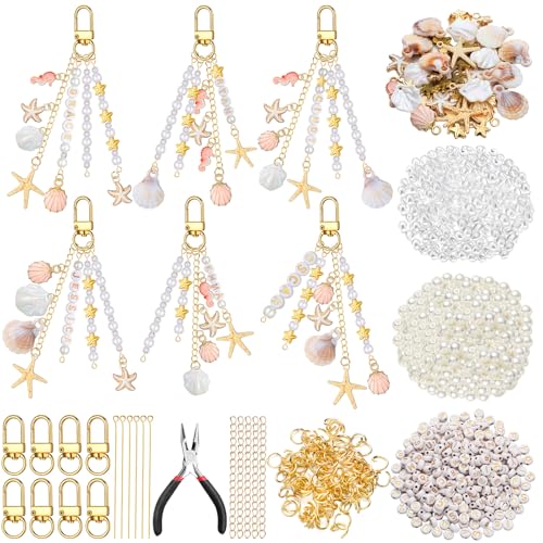 Cunno 776 Pcs Seashell Keychain Making Kit Ocean DIY Craft Key Chain Starfish Pearl Seahorse Letter Name Beads with Keychain Clip and Tool Accessories for Backpacks Purse Tote Bag Crafts DIY Supplies - color: Pink Gold, style: Nautical, Beach