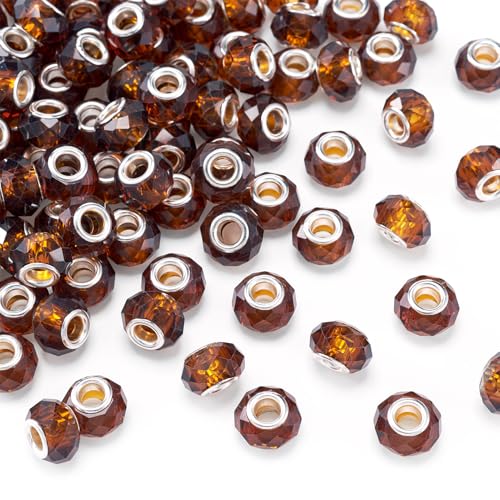 100pcs 14mm Large Hole Beads Glass Crystal Faceted Beads Brown European Crystal Spacer Bead for Valentine's Day Necklace Earring Bracelet Crafts Jewelry Making - color: Brown