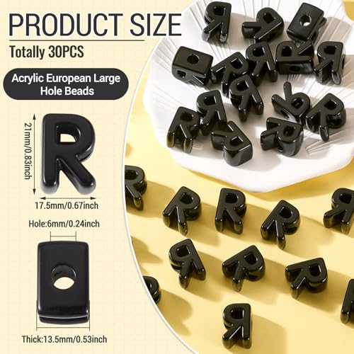 FASHEWELRY 30Pcs Acrylic Letter R Beads with Large Hole Big Plastic Letter Blocks European Beads 3D Letters Chunky Vowel Initial Alphabet Bead for Key Chains Necklace DIY Arts Craft Projects - color: Black, size: R