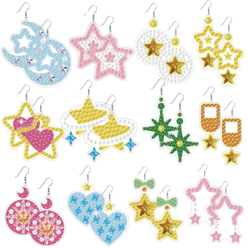 BEUNITONE 12 Pairs Crystal Star Diamond Art Earring Making Kits for Adults, DIY Drop Dangle Earring Making Supplies Kit, Fun Duck Art Earrings Ornament for Women Birthdays Holiday Handmade Gift - style: Star