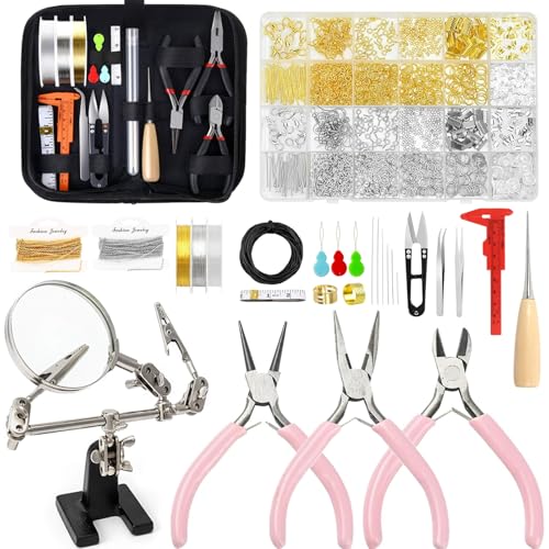 EUIQUE Jewelry Making Supplies Kits Repair Tools for Adults with Pliers, Wires, Necklace Chains, Findings and Helping Hands, Pink - color: Pink