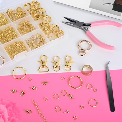 Prdingfy 579PCS Keychain Making Kit, Key Chain Supplies Including Keychain Clip, Key Rings, Lobster Claw Clasps, Jump Rings, Extender Chain,Pliers for Key Chain Making and Jewelry Making(Gold) - color: Gold