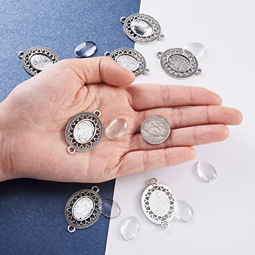 FASHEWELRY 10 Sets Tibetan Style Alloy Oval Bezel Pendant Trays with Transparent Glass Cabochons Hollow Blank Base Connector for DIY Photo Pendant Making - color: 13x18mm-10 Sets