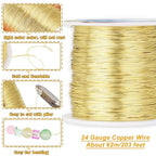 203 Feet Tarnish Resistant Copper Wires 24 Gauge/0.5mm Jewelry Craft Wires Beading Wire for Jewelry Making, Wire Wrapping and Crafting (Light Gold) - color: Light Gold, size: 24 Gauge
