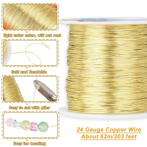 203 Feet Tarnish Resistant Copper Wires 24 Gauge/0.5mm Jewelry Craft Wires Beading Wire for Jewelry Making, Wire Wrapping and Crafting (Light Gold) - color: Light Gold, size: 24 Gauge