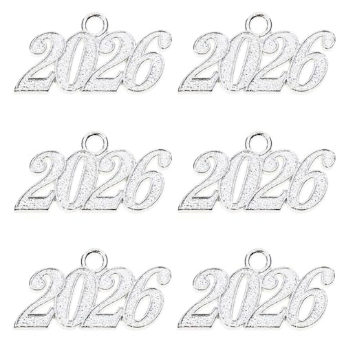 Shapenty Metal Year Signet 2026 DIY Pendant Charms for Graduation Tassels Bracelet Necklace Earrings Keychain Zipper Pulls Cellphone Craft Jewelry Making Christmas Party Decoration, 6PCS - color: Silver