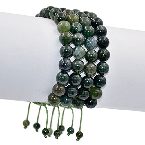 AD Beads Natural 10mm Gemstone Bracelets Healing Power Crystal Macrame Adjustable 7-9 Inch - color: Moss Agate