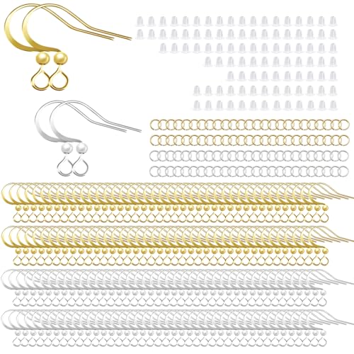160 PCS/80 Pairs 14K Gold Tone and Silver Earring Hooks Hypoallergenic Ear Wires Fish Hooks with 100 PCS Silicone Earring Backs and 100 PCS Jump Rings Gold Earring Findings for DIY Jewelry Making - color: C style-14K Gold + Silver Earring Hooks