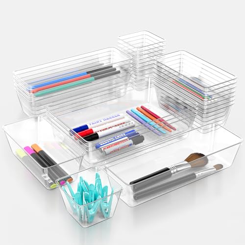 12 Piece Clear Drawer Organizer Set, 3 Sizes Bathroom Vanity Organizer Trays and Storage Bins for Makeup, Cosmetics, Jewelry, and Gadgets. Perfect for Office, Kitchen, Bedroom, Bathroom Use. - size: 12pcs-3size