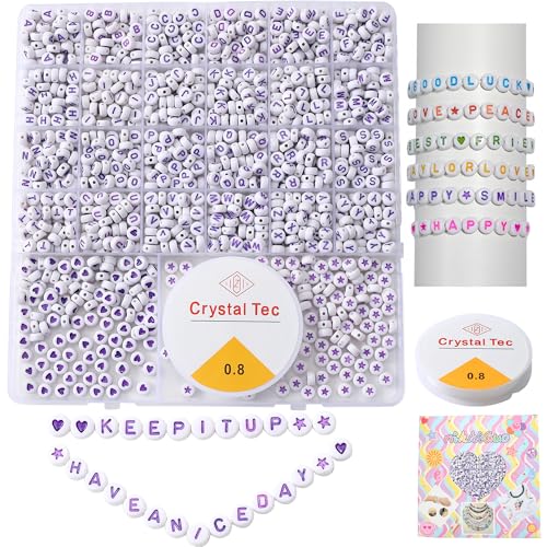 Acrylic Letter Beads 4mm Flat Round, 6mm Square - Beads for Making Friendship Bracelet or Necklace (26 Pieces of Flat Round White with Purple) - color: 26 pieces of flat round white with purple