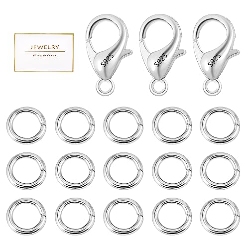23Pcs 925 Sterling Silver Lobster Claw Clasps 10mm with Open Jump Rings Jewelry Making Set, Sterling Silver Jewelry Finding Supplies Small Lobster Clasps for Necklaces Bracelet Chains Connector - color: 23PcsA