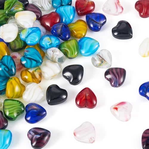 Cheriswelry 66Pcs Heart Pearlized Handmade Lampwork Glass Beads Crystal Glass Love Heart Loose Spacer Beads 11.5mm for DIY Craft Earirng Bracelet Necklace Jewelry Making - color: 11 Color-Heart