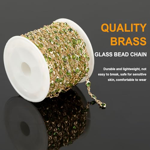 KYUNHOO 16.4ft Jewelry Chain for Crafts Making, Green Glass Bead Necklace Chains Bulk for Women with Jump Rings and Lobster Clasps Jewelry Findings - color: Green Bead-Gold