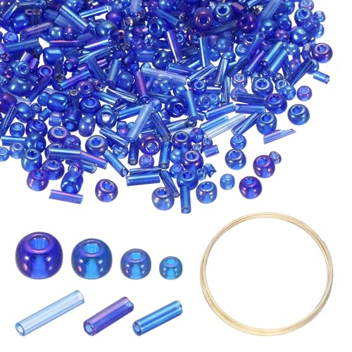 uxcell 3000pcs Glass Seed Beads, 1.5-4.5mm Small Embroidery Bugle Beads Assorted Tube Bead Loose Kit for Jewelry Making DIY Craft Beading Bracelets Necklace Earring (Cobalt Blue) - color: Cobalt Blue