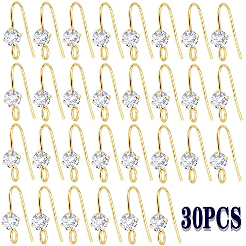 30pcs 14K Golden Diamond Earring Fish Hooks Hypo-allergenic French Rhinestone Ear Wire Connector for Women DIY Earrings Jewelry Making - color: Gold