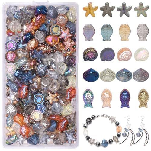 650pcs Starfish, Shell, Snails, Fish Glass Beads for Jewelry Making - Ocean Themed Colorful Star Beads for Bracelet, Loose Spacer for DIY Craft Earrings Necklaces - color: Style 1