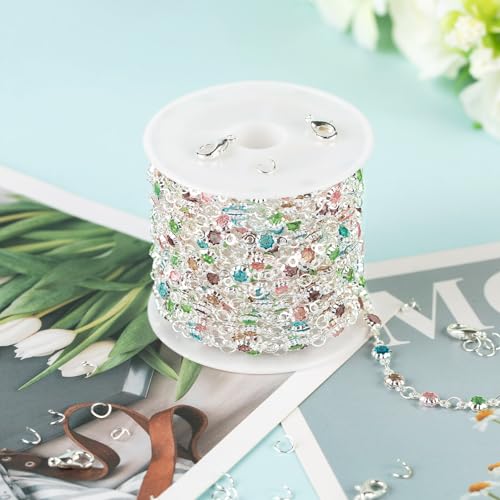 YOUBEIYEE 3 Yard Colorful Rhinestone Jewelry Chain for Jewelry Making Silver Plated Brass Chains Bulk with Jump Rings and Lobster Clasps - color: Colorful Crystal
