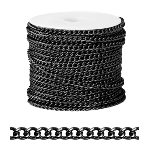 [66 FT] Black Curb Chains Bulk for Jewelry Making, 3mm 304 Stainless Steel Gunmetal Black Flat Twisted Links Curb Chains Roll Spool for Jewelry Making DIY Craft - color: Black Color, size: 3.0mm width