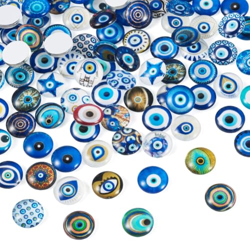 100Pcs/Set Flat Round Transparent Glass Cabochons with Pattern Eye Flatback Glass Dome Flatback Cab Beads for Photo Cameo Jewelry Making Necklace Ring DIY Crafts 12x4mm Evil Eye - color: 100Pcs-12x4mm-Evil Eye
