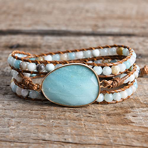 YGLINE Women Boho Handmade Natural Stone Crystal Leather Bead Wrap Bracelets Collection - color: Amazonite-3w