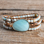YGLINE Women Boho Handmade Natural Stone Crystal Leather Bead Wrap Bracelets Collection - color: Amazonite-3w