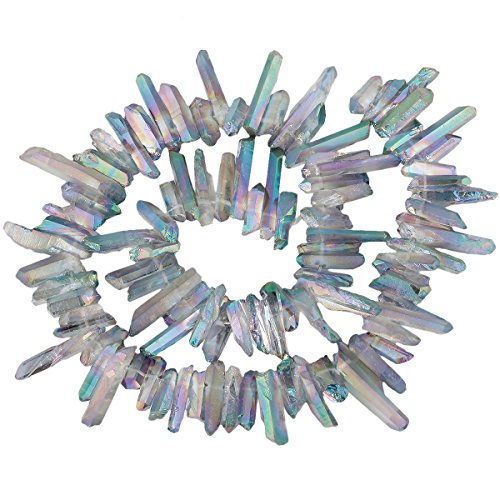 rockcloud Natural Rock Crystal Points Titanium Coated Clear Quartz Sticks Spikes Top Drilled 15 inch Strand,Green&AB Crystal - color: #34-Green&AB Crystal(Small)