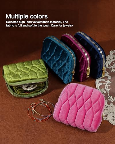 Small Travel Jewelry Case, Mini Travel Jewelry Bag with Zipper, 5-Layer Velvet Organizer Pouch for Bracelet Rings Earrings - Diamond Stitched Velvet Rose Purple - color: RosePurple