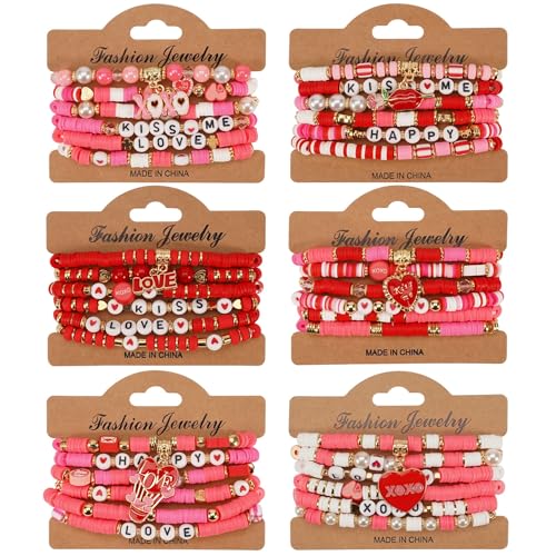 6PCS Valentine’s Day Clay Heishi Bracelet Set for Women- Red Pink Heart Love KISS XOXO Beaded Stretch Bracelets - Handmade Polymer Clay Crystal Glass Stackable Jewelry Gift for Galentine's Anniversary - color: LOVE-06