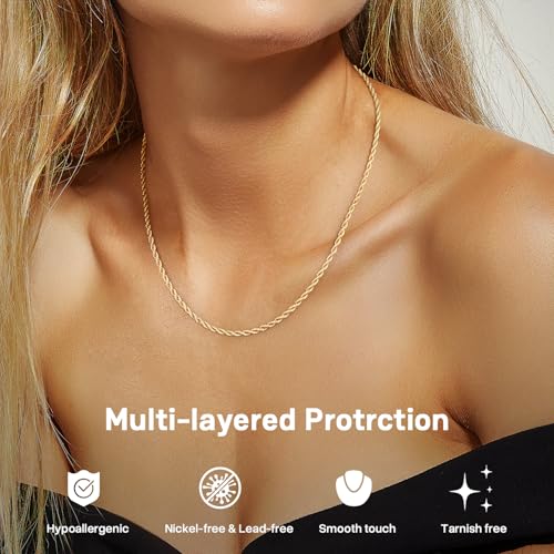 1.5mm 2mm Rope Chain 925 Sterling Silver Chain Necklace for Women, 14K Gold Plated Chains for Women Sturdy & Durable Women's Chains Necklace 16 18 20 22 24 26 Inch - color: 1.5mm 14K Gold Plated, size: 16 Inch (Women's Choker Length）