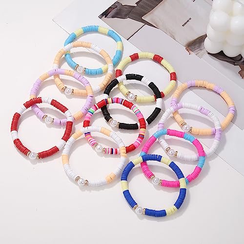 COLORFUL BLING 5-12Pcs Bohemian Love Heart Bead Bracelets for Women Vinyl Disc Heishi Surfer Stackable Stretch Bracelet Summer Beach Boho Jewelry - color: 12pcs pearl