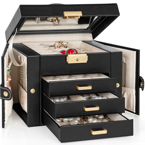 TORIBIO Jewelry Box for Women, Leather Jewelry Organizer with Mirror & Lock, 4-Tier Jewelry Storage Organizer with 3 Drawers for Girls/Women/Mothers, Necklace Earring Bracelets Holder Organizer - color: Black + Gold, size: 4 Layer