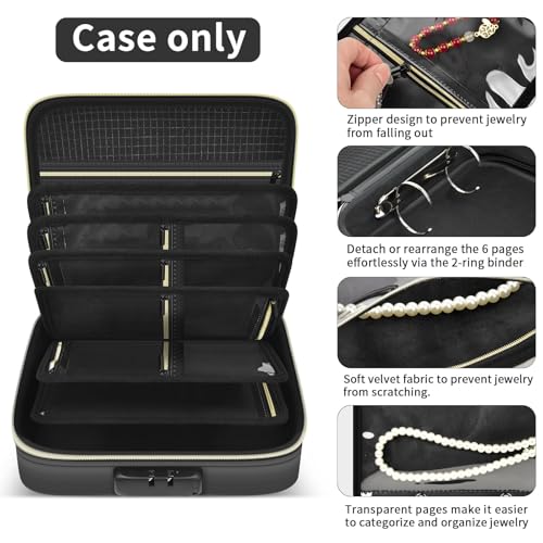 Fireproof Travel Jewelry Organizer Case with Lock, Portable Jewelry Binder with 6 Detachable Loose-leaf Pages, Clear Storage Book for Necklaces, Earrings, Rings & Bracelets (Bag Only)