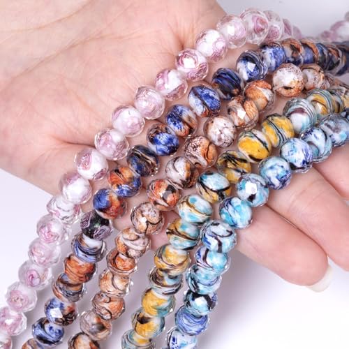 7.5×10mm 50pcs Light Blue Dark Blue Stripe Faceted Lampwork Glass Beads for Jewelry Making, Flat Round Handmade Murano Beads for Bracelets, Crafts, Friendship Bracelet Kit, Rosary Making - color: Light Blue Dark Blue Stripe