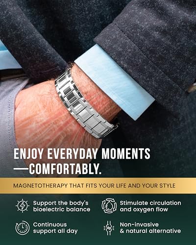MagnetRX® 3X Strength Mens Magnetic Bracelet – Titanium Magnetic Bracelets for Men – Premium Fold–over Clasp & Adjustable Length with Sizing Tool & Gift Box (Silver) - color: Silver (3X Strength)