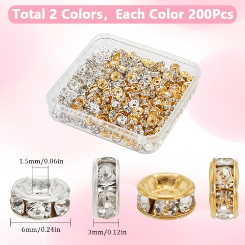 1 Box 400Pcs Rhinestone Spacer Beads 6mm Rondelle Spacer Bead Bulk Silver Plated Brass Grade A Crystal Rhinestones Round Metal Spacers Loose Beads for Jewelry Making Bracelets DIY Craft Women - style: Style 1