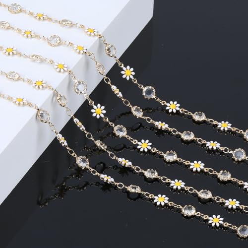 KYUNHOO 16.4FT/5M Gold Plated Chains for Jewelry Making Daisy Flowers Link Clear Bead Jewelry Chain Roll with Lobster Clasps Jump Rings for Crafting Findings - color: White Daisy Crystal