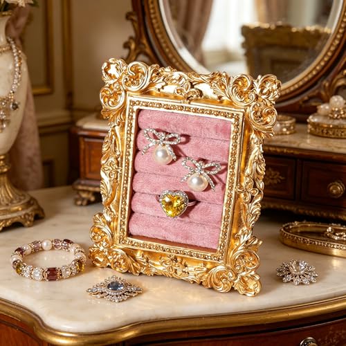Vintage Ring Holder Rectangle Gold Velvet Display Stand - Baroque Jewelry Organizer Box Tray for Wedding Engagement Anniversary Women Birthday Christmas Gift Photograph Prop (MPF05-Gold Pink) - color: MPF05-Gold Pink